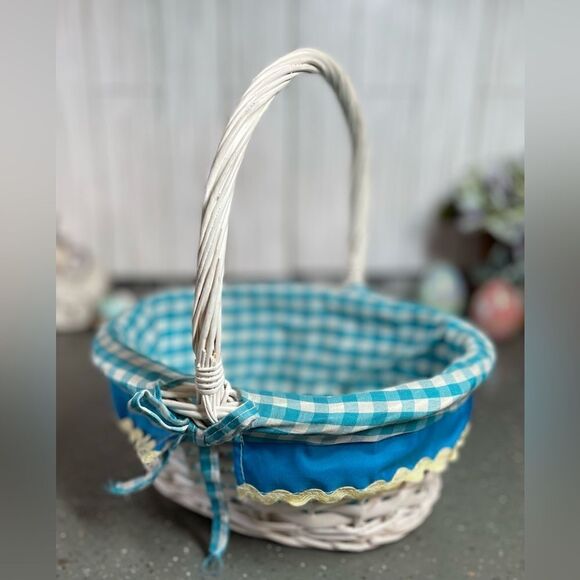 10” Basket Oval White w/ Handle Blue Gingham Liner Yellow RicRac Trim EPC - Picture 6 of 10